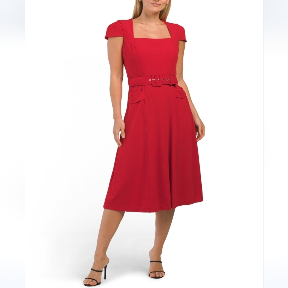 Donna Ricco Stretch Crepe Red Short Sleeve Midi Dress